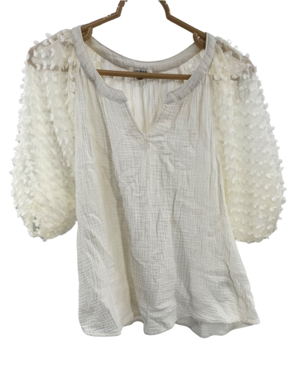 Umgee Cream Textured sheer Swiss dot Puff-Sleeve Top S cotton casual cottage